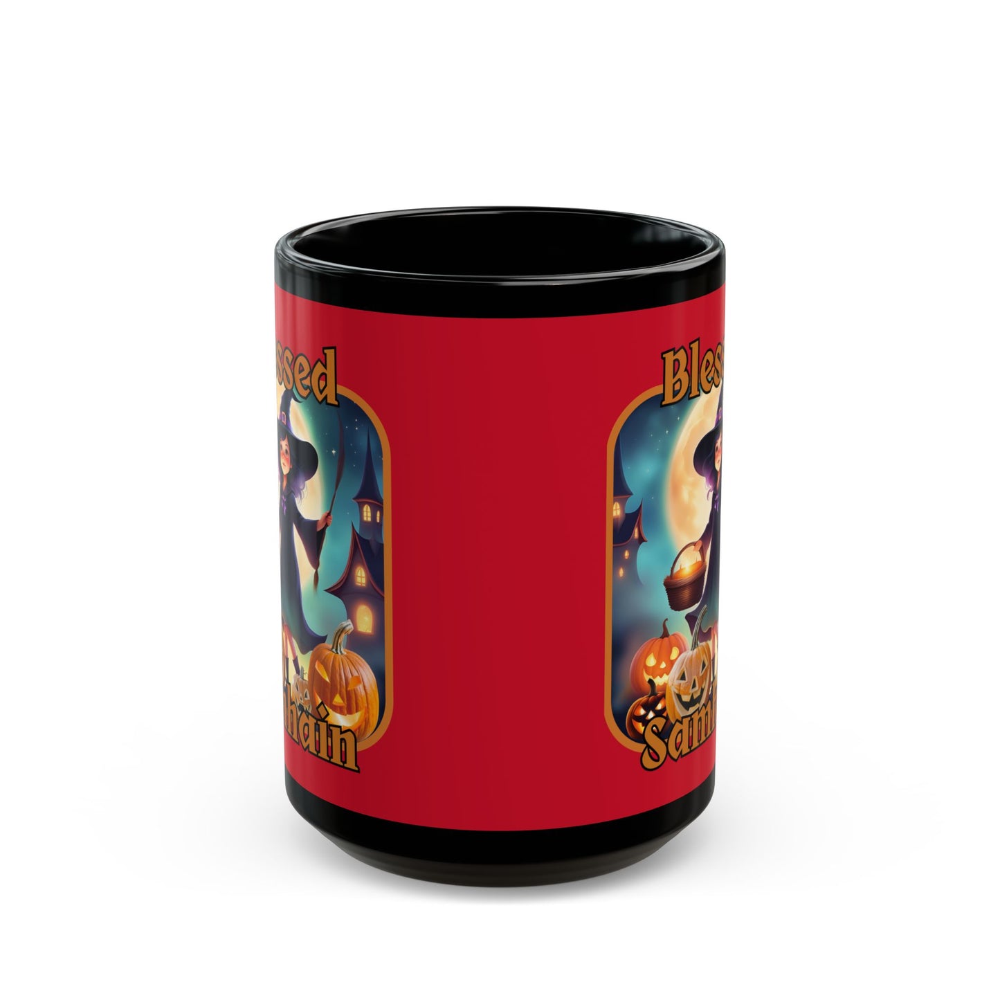 Blessed Samhain Little Witch Orange font Red Mug by CreepyCrafts.boo