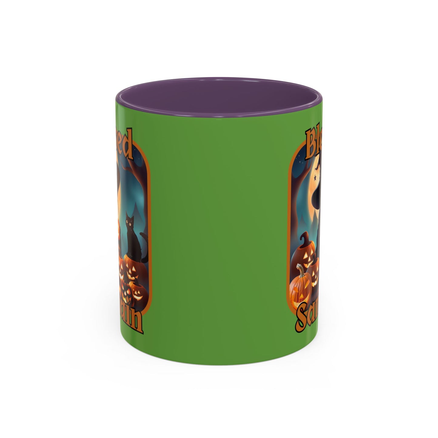 Blessed Samhain Cute Witch Orange font Green Accent Mug by CreepyCrafts.boo