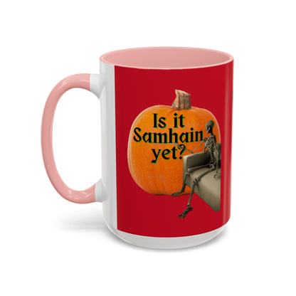 Is It Samhain Yet? Skeleton's Giant Pumpkin Red Accent Mug by CreepyCrafts.boo