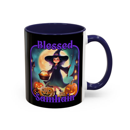 Blessed Samhain Little Witch Purple font Black Accent Mug by CreepyCrafts.boo