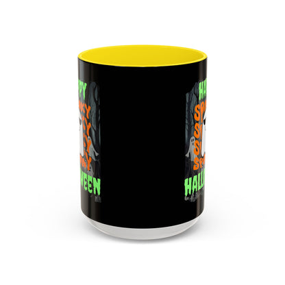 Spooky Happy Halloween Ghost Green font Black Accent Mug by CreepyCrafts.boo