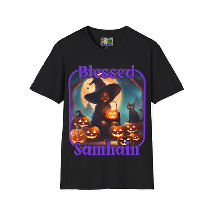 Blessed Samhain Cute Witch Purple font Dark colors Unisex T-Shirt by CreepyCrafts.boo