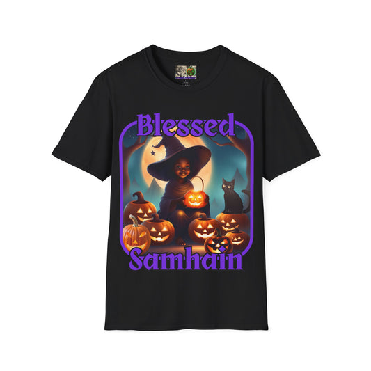 Blessed Samhain Cute Witch Purple font Dark colors Unisex T-Shirt by CreepyCrafts.boo