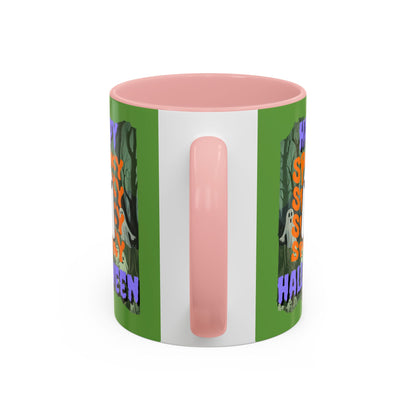 Spooky Happy Halloween Ghost Purple font Green Accent Mug by CreepyCrafts.boo