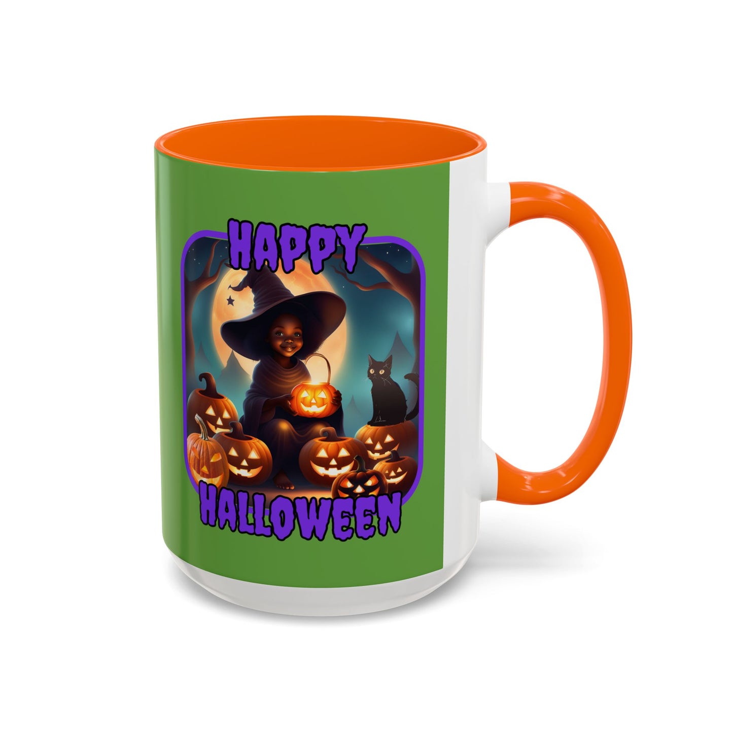 Happy Halloween Cute Witch Purple font Green Accent Mug by CreepyCrafts.boo