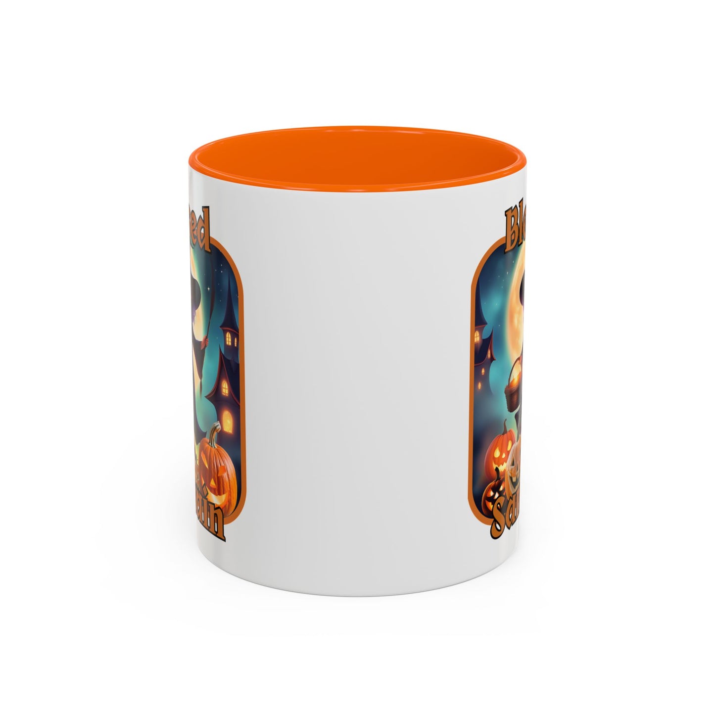 Blessed Samhain Little Witch Orange font White Accent Mug by CreepyCrafts.boo