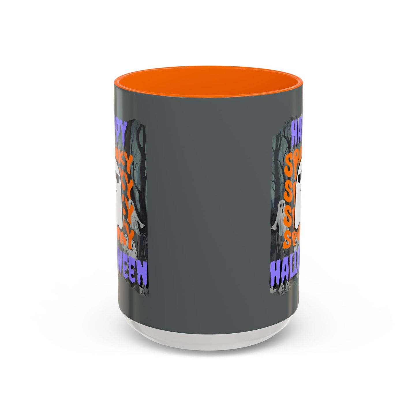Spooky Happy Halloween Ghost Purple font Grey Accent Mug by CreepyCrafts.boo