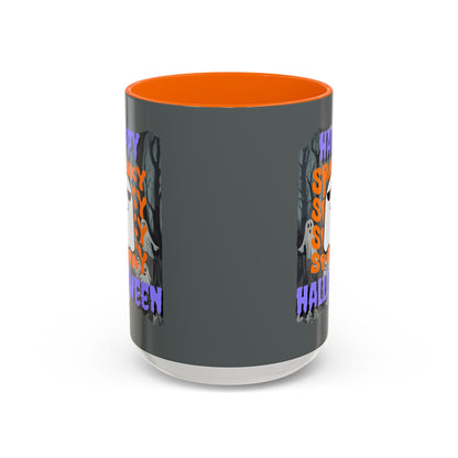 Spooky Happy Halloween Ghost Purple font Grey Accent Mug by CreepyCrafts.boo