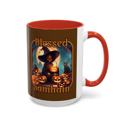 Blessed Samhain Cute Witch Orange font Brown Accent Mug by CreepyCrafts.boo