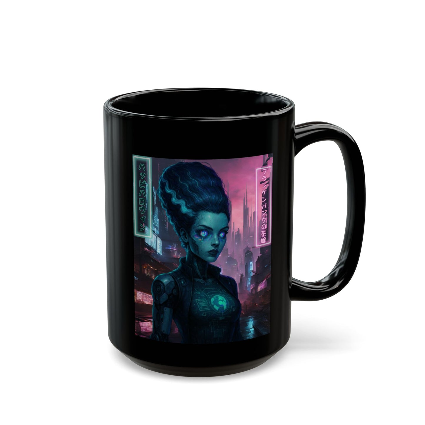 Neon Bride of Frankenstein Black Mug by CreepyCrafts.boo