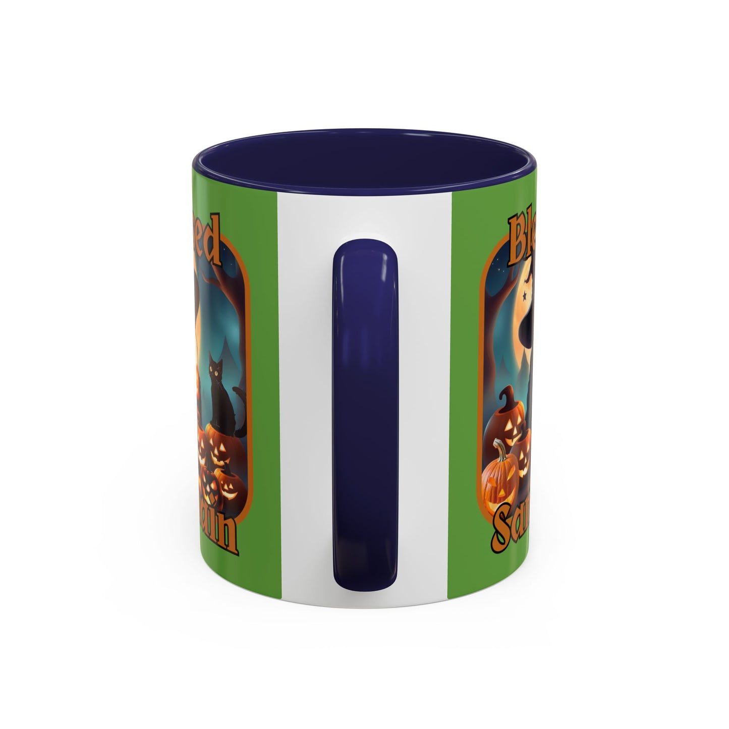 Blessed Samhain Cute Witch Orange font Green Accent Mug by CreepyCrafts.boo