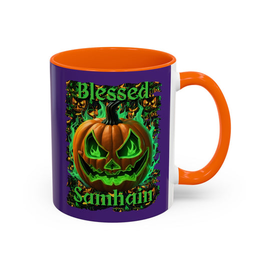 Blessed Samhain Green Jack Purple Accent Mug by CreepyCrafts.boo