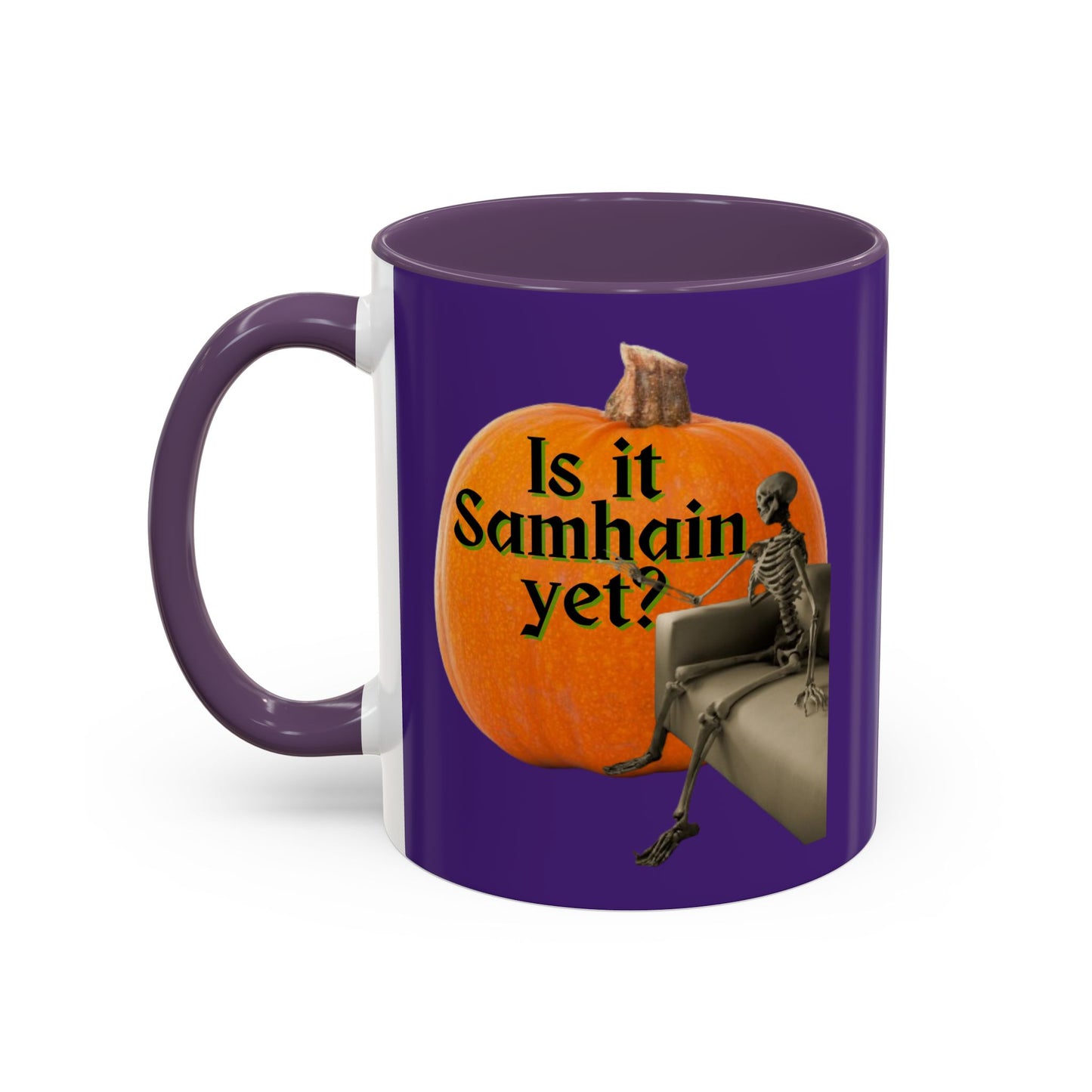 Is It Samhain Yet? Skeleton's Giant Pumpkin Purple Accent Mug by CreepyCrafts.boo