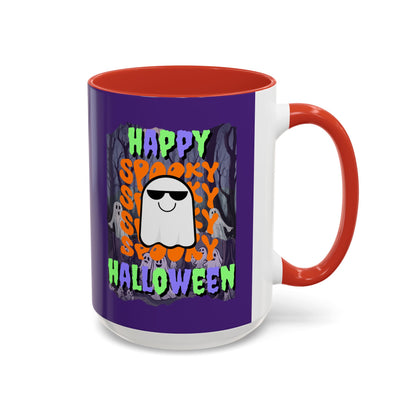 Spooky Happy Halloween Ghost Mixed font Purple Accent Mug by CreepyCrafts.boo