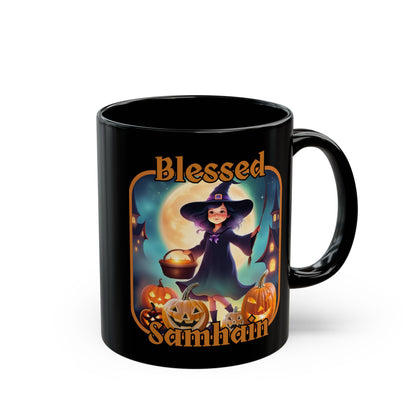 Blessed Samhain Little Witch Orange font Black Mug by CreepyCrafts.boo