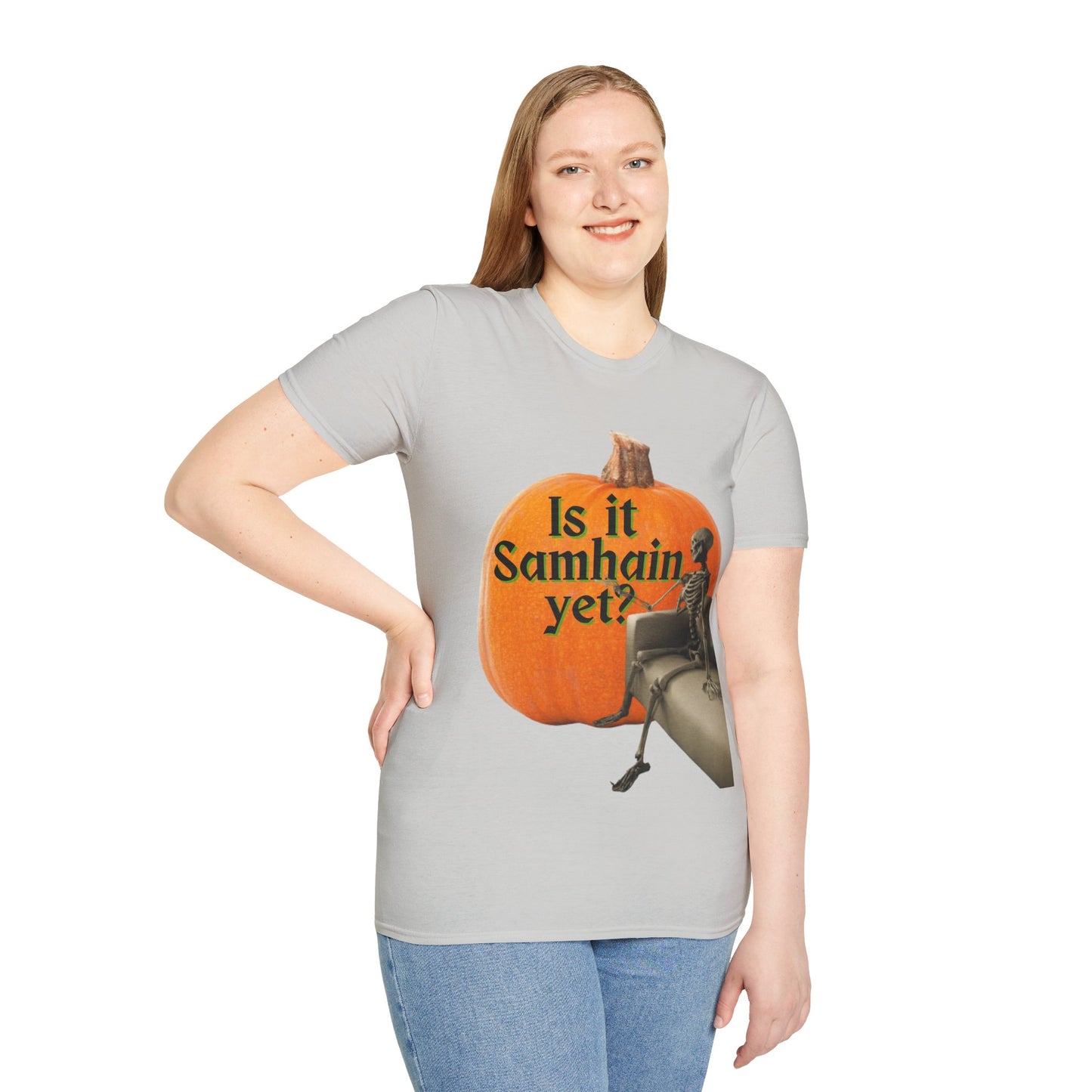 Is It Samhain Yet? Skeleton's Giant Pumpkin Light colors Unisex T-Shirt by CreepyCrafts.boo