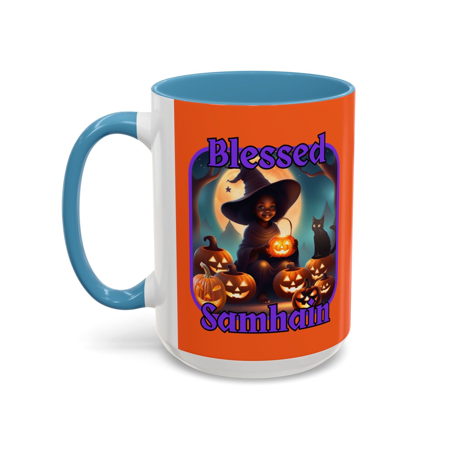 Blessed Samhain Cute Witch Purple font Orange Accent Mug by CreepyCrafts.boo