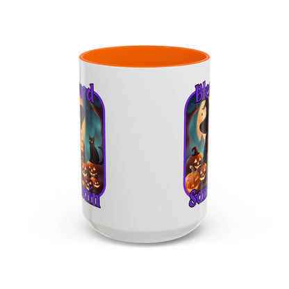Blessed Samhain Cute Witch Purple font White Accent Mug by CreepyCrafts.boo