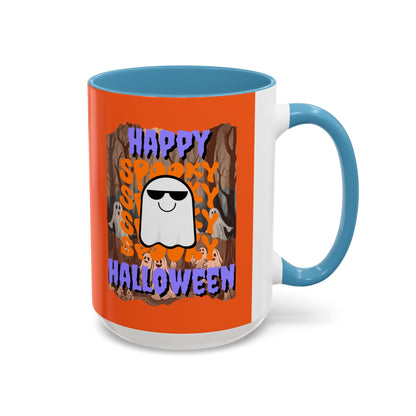 Spooky Happy Halloween Ghost Purple font Orange Accent Mug by CreepyCrafts.boo