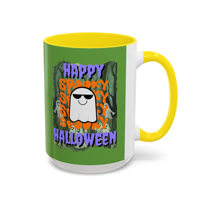 Spooky Happy Halloween Ghost Purple font Green Accent Mug by CreepyCrafts.boo
