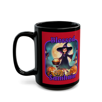 Blessed Samhain Little Witch Purple font Red Mug by CreepyCrafts.boo
