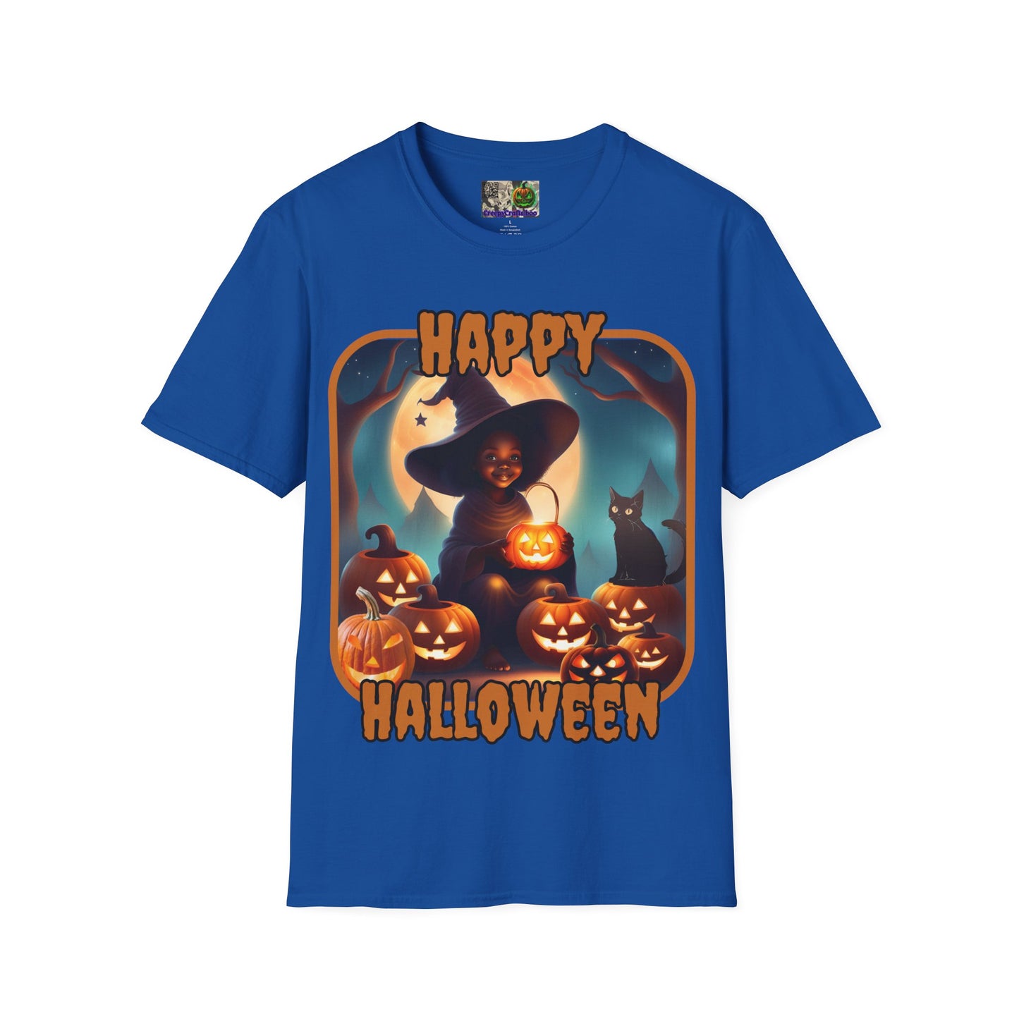 Happy Halloween Cute Witch Orange font, Dark colors, Unisex T-Shirt by CreepyCrafts.boo