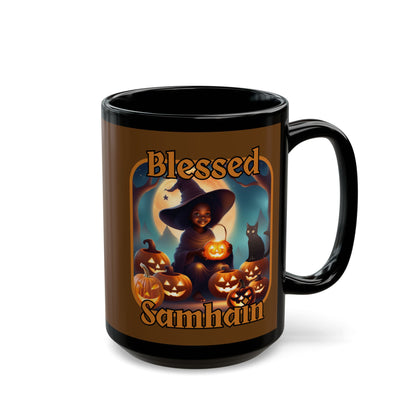 Blessed Samhain Cute Witch Orange font Brown Mug by CreepyCrafts.boo