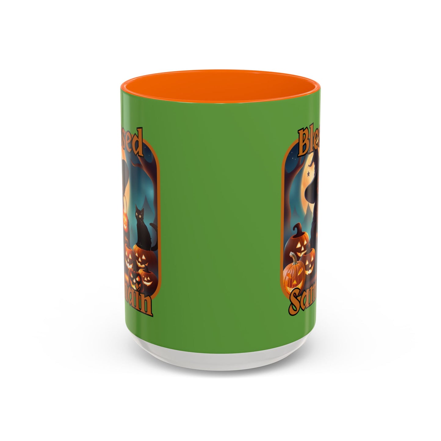 Blessed Samhain Cute Witch Orange font Green Accent Mug by CreepyCrafts.boo