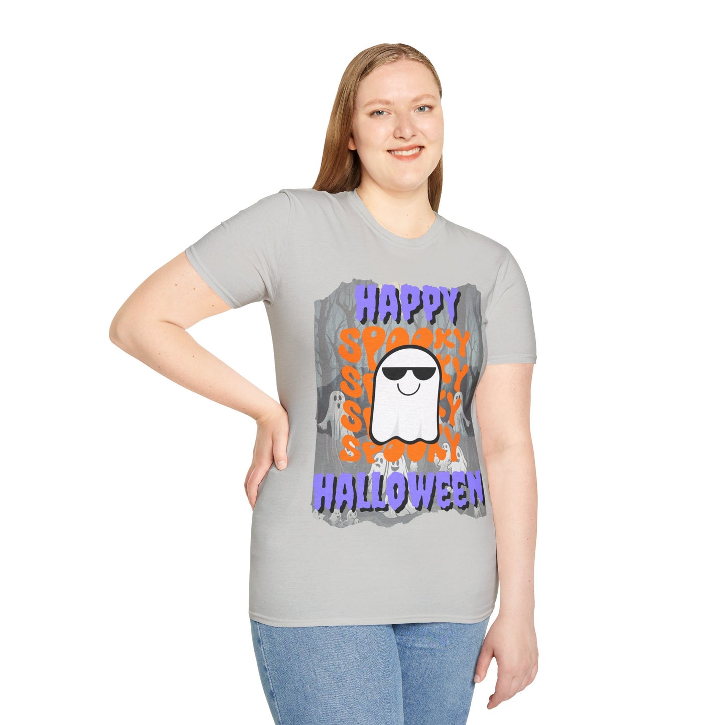 Spooky Happy Halloween Ghost Light colors Purple font Unisex T-Shirt by CreepyCrafts.boo