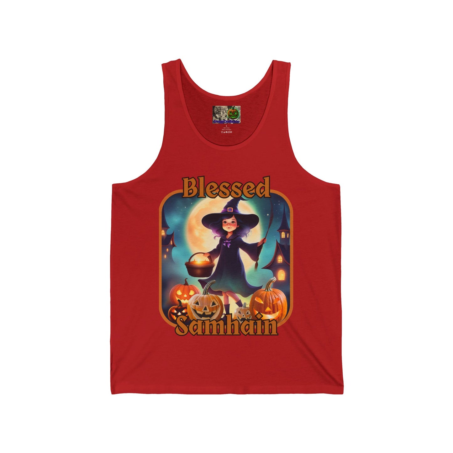 Blessed Samhain Little Witch Orange font Unisex Jersey Tank Top by CreepyCrafts.boo