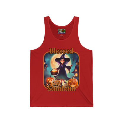 Blessed Samhain Little Witch Orange font Unisex Jersey Tank Top by CreepyCrafts.boo