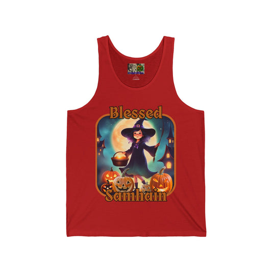 Blessed Samhain Little Witch Orange font Unisex Jersey Tank Top by CreepyCrafts.boo