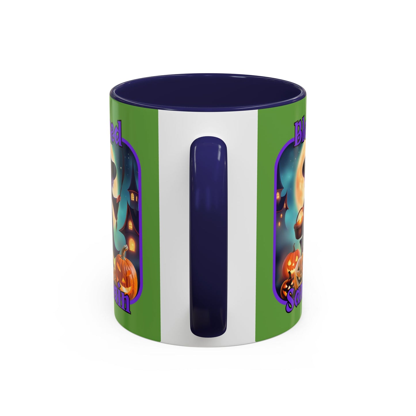 Blessed Samhain Little Witch Purple font Green Accent Mug by CreepyCrafts.boo