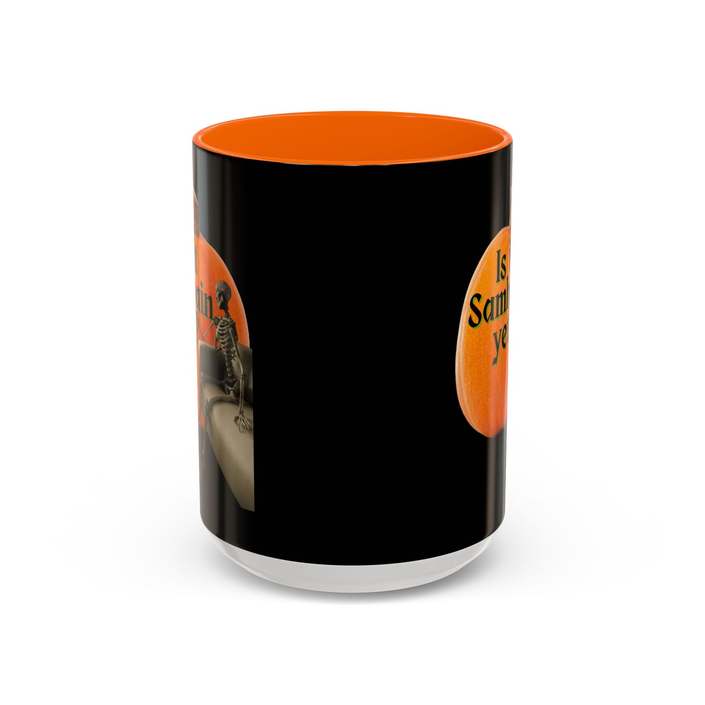 Is It Samhain Yet? Skeleton's Giant Pumpkin Black Accent Mug by CreepyCrafts.boo