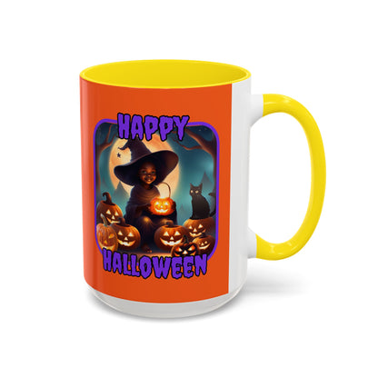 Happy Halloween Cute Witch Purple font Orange Accent Mug by CreepyCrafts.boo