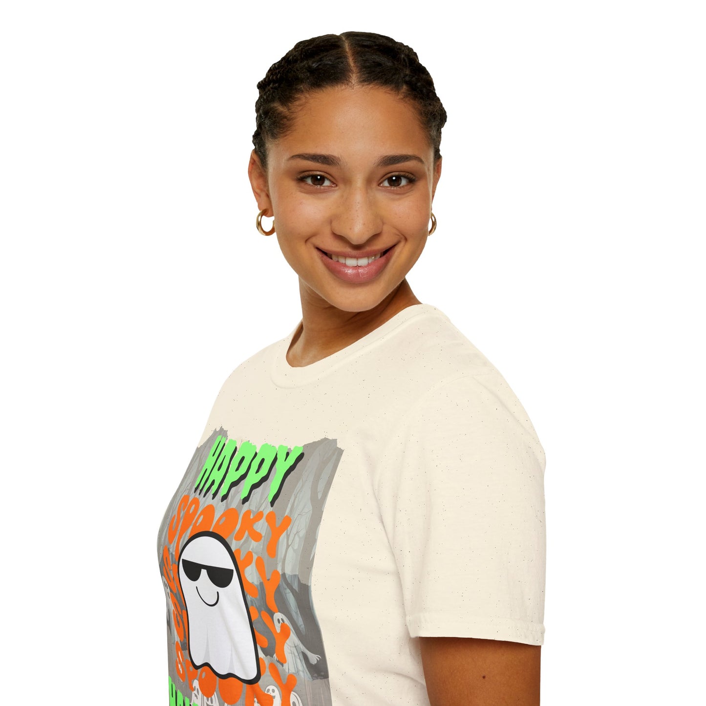 Spooky Happy Halloween Ghost Light colors Green font Unisex T-Shirt by CreepyCrafts.boo