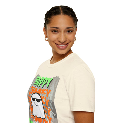 Spooky Happy Halloween Ghost Light colors Green font Unisex T-Shirt by CreepyCrafts.boo