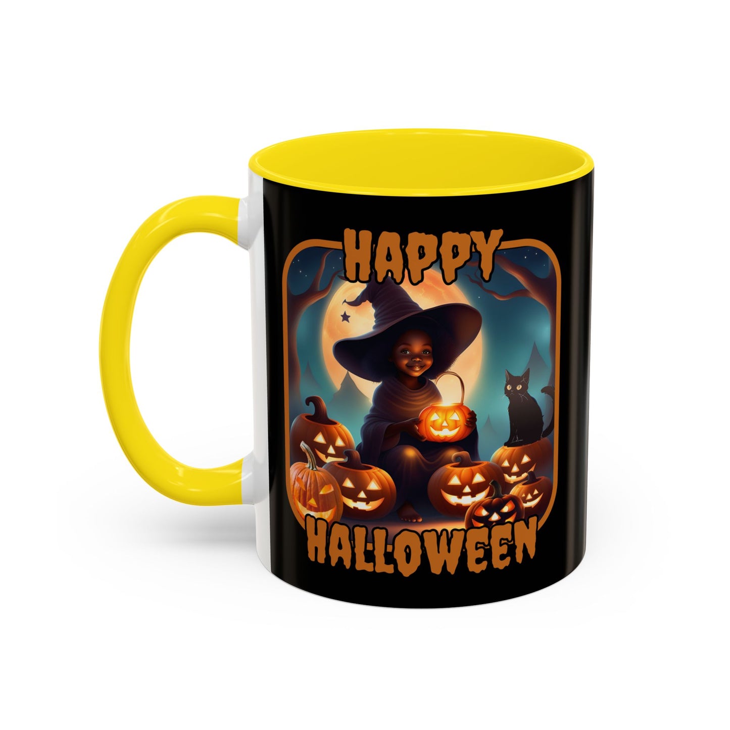 Happy Halloween Cute Witch Orange font Black Accent Mug by CreepyCrafts.boo