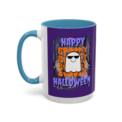 Spooky Happy Halloween Ghost Purple font Purple Accent Mug by CreepyCrafts.boo