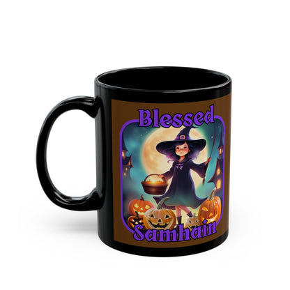 Blessed Samhain Little Witch Purple font Brown Mug by CreepyCrafts.boo