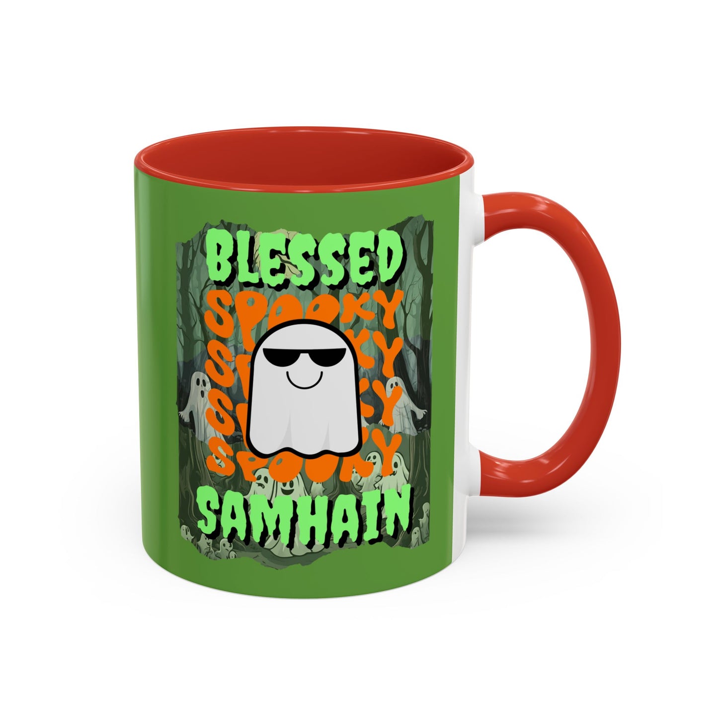 Spooky Blessed Samhain Ghost Green font Accent Mug by CreepyCrafts.boo