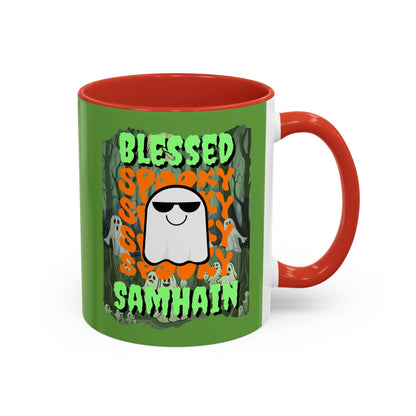 Spooky Blessed Samhain Ghost Green font Accent Mug by CreepyCrafts.boo