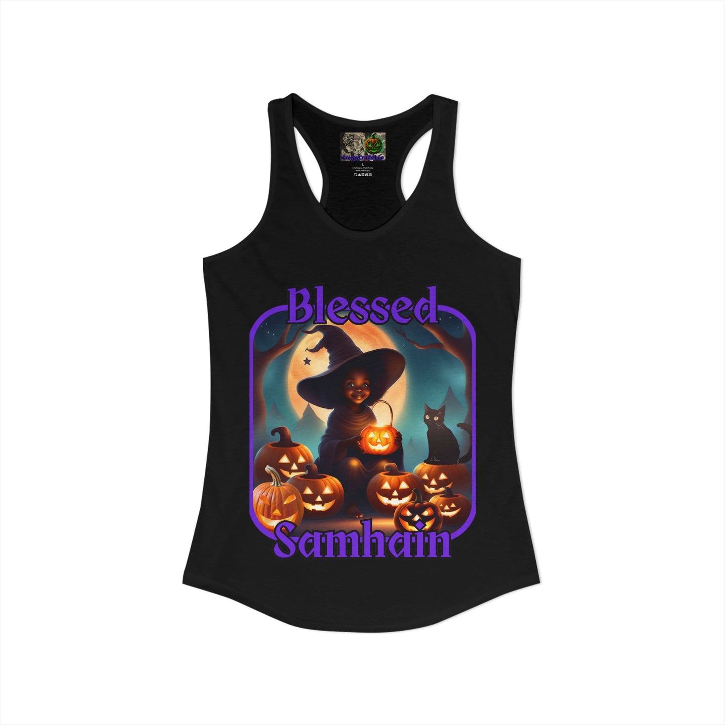 Blessed Samhain Cute Witch Purple font Women's Racerback Tank Top by CreepyCrafts.boo