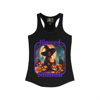 Blessed Samhain Cute Witch Purple font Women's Racerback Tank Top by CreepyCrafts.boo