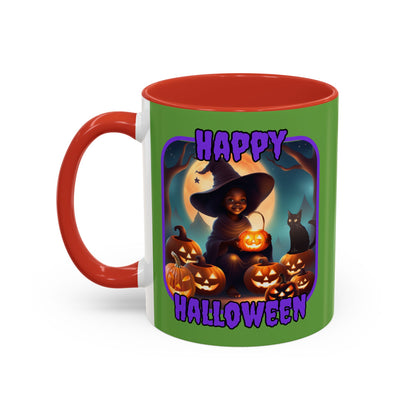 Happy Halloween Cute Witch Purple font Green Accent Mug by CreepyCrafts.boo