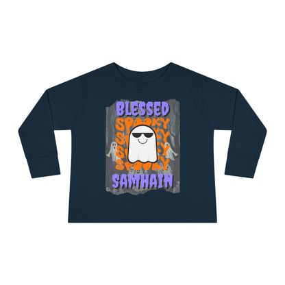 Spooky Blessed Samhain Ghost PRfont Toddler Long Sleeve Tee by cypherpunkgear