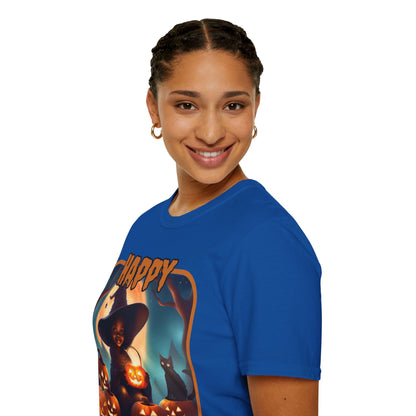 Happy Halloween Cute Witch Orange font, Dark colors, Unisex T-Shirt by CreepyCrafts.boo