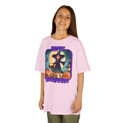 Happy Halloween Little Witch Purple font Kids Heavy Cotton™ Tee by CreepyCrafts.boo