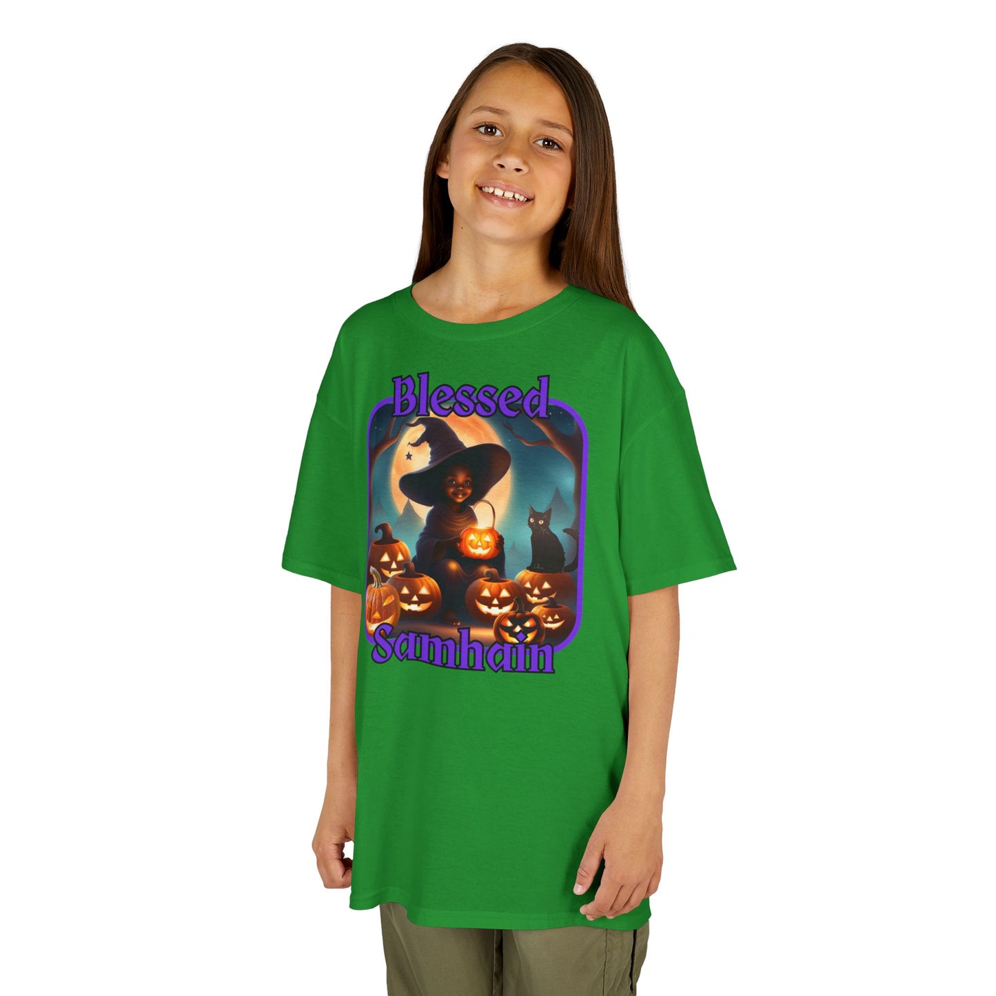 Blessed Samhain Cute Witch Purple font Kids Heavy Cotton™ Tee by CreepyCrafts.boo