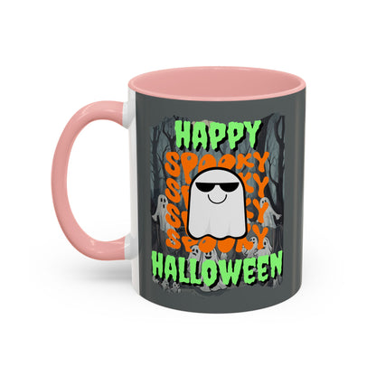 Spooky Happy Halloween Ghost Green font Grey Accent Mug by CreepyCrafts.boo